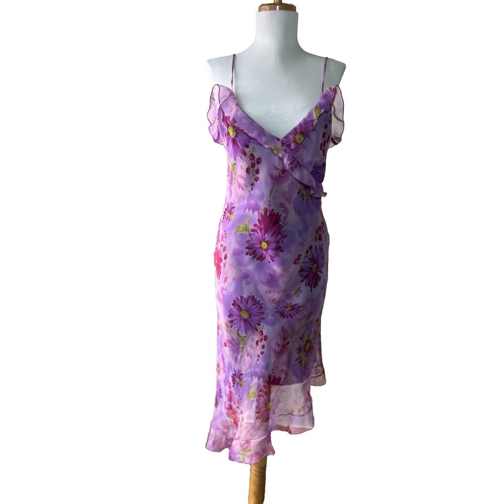 Studio Soleil M Purple Floral Midi Slip Dress Y2K V-Neck Ruffle Chiffon USA